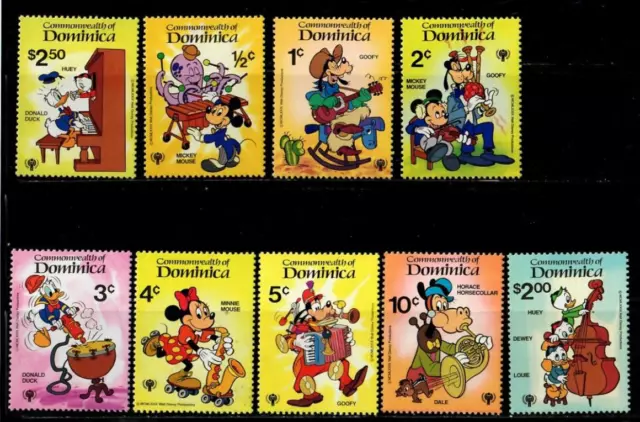 Dominica 1979 - Disney - Instruments Mickey, Goofy - Set of 9 Stamps - MNH