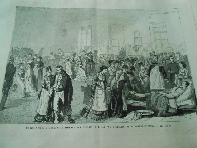 Gravure 1877 Dames Russes apprenant à soigner les blessés Hopital St Pétersbourg