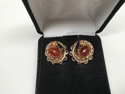 Vtg Gt Oval Amber Lucite Black Marquise Round Amber Rhinestone Clip Earrings