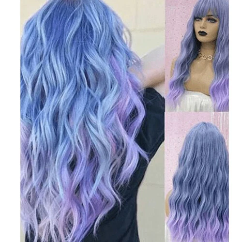 Blue Purple Wave Long Wig With Bang Synthetic Heat Resistant Wig No Lace Natural