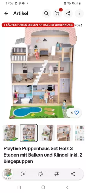 Playtive Puppenhaus Set Holz 3 Etagen mit Balkon und Klingel inkl. 2 Biegepuppen