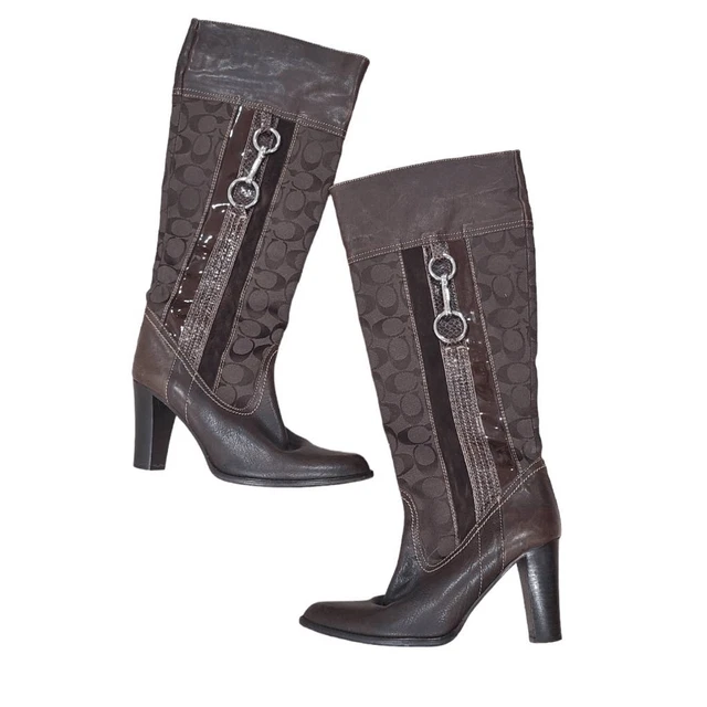 Coach Yvette Knee High Heeled Boots Women's Size 8.5B Brown Logo Print Leather