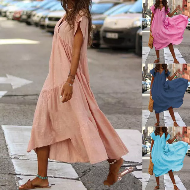 Plage Robe Longue Col V Robe Maxi Robes Desseré Solide Couleur @ *