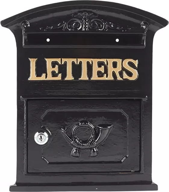 Letter Post Box Black Traditional Old Style Solid Steel Construction 2 Keys