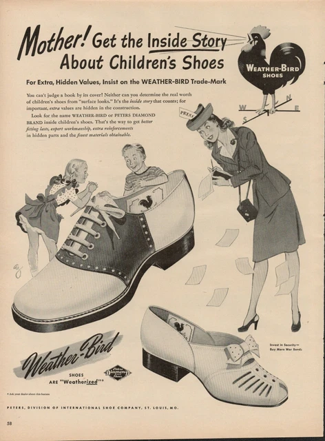 1945 Fashion Childrens Saddle Shoes 1940s Vintage Print Ad Weather Bird shoes
