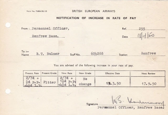 British European Airways Corporation BEA 1950 Increase Pay Rate Letter Ref 38322