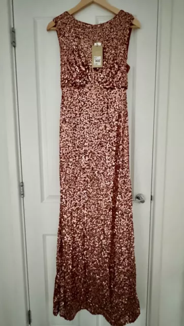 BNWT Jenny Packham sequin Tan/Rose Gold maxi long evening/prom dress size 8