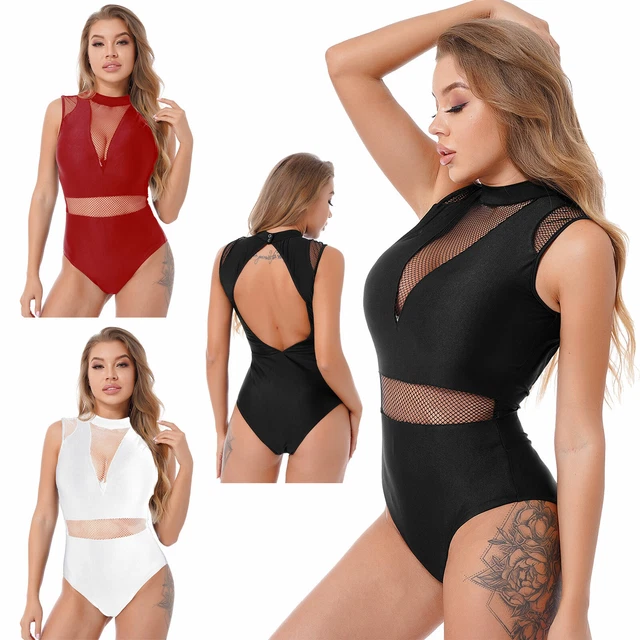 Women's Mock Turtle Neck Bodysuit Mesh Splice Sleeveless Gymnastic Leotard Tops