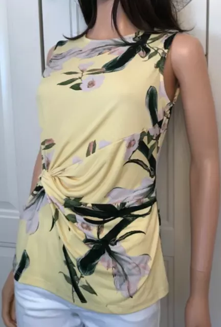 DKNY Floral Sleeveless Top Size XS Pale Lemon & Pink Magnolias Ruched Side