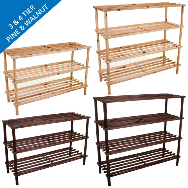 3 4 TIER Wooden Shoe Rack Slatted Storage Stand Unit Organiser Pine