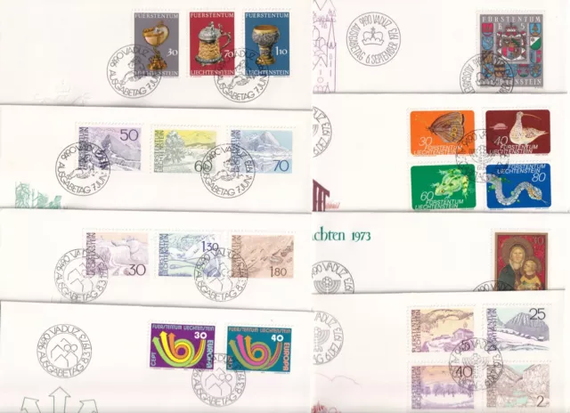 Liechtenstein, 8 verschiedene FDC mit dem kompletten Jahrgang 1973