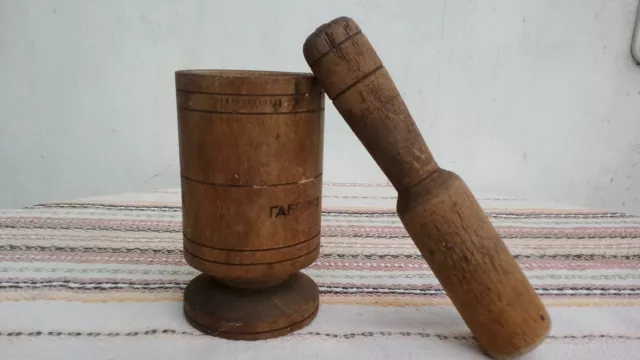 Primitive Antique Old Small Wooden Mortar With Pestle For Spices