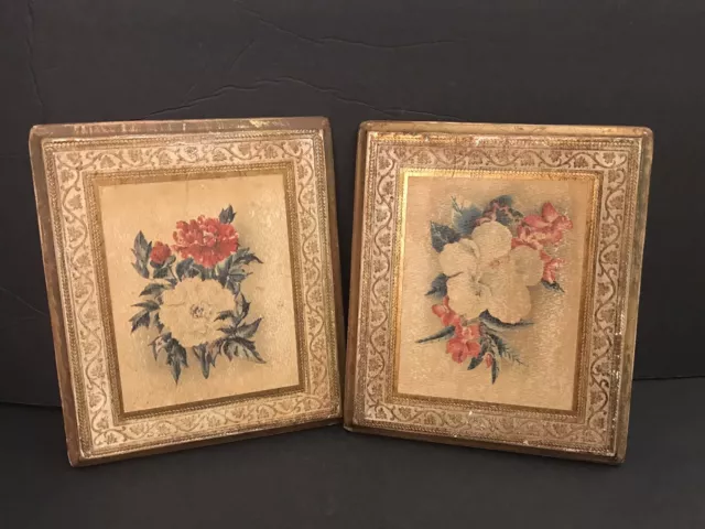 Vintage MC Imports Italy Wood Floral Pictures Set of 2 Shabby Chic