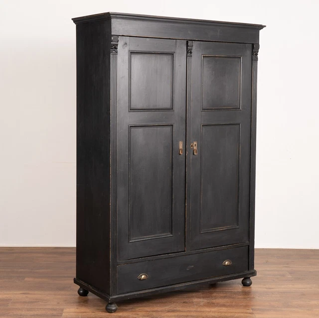 Antique Pine Armoire Cabinet Painted Black, Hungary circa 1890