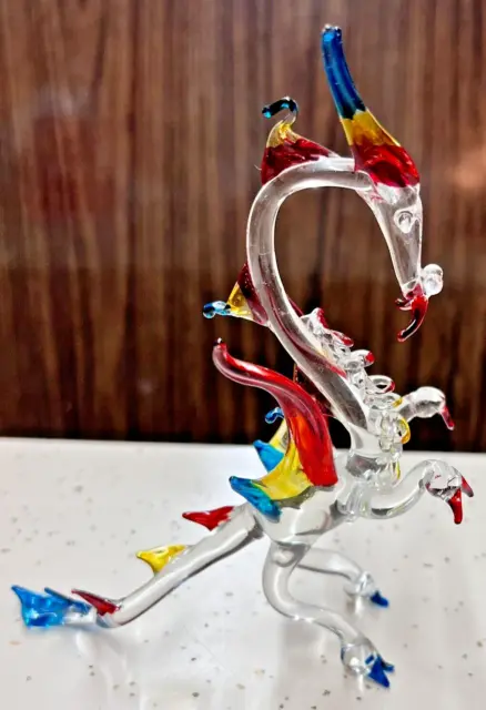 Dragon Spun Glass Hand Made Clear w/Bright Red Blue Yellow 5.5 Inches