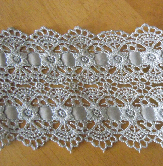 5 Yards 4'' Wide Rayon Venise Floral with Ribbon Lace Trim Silver Grey s0271 2