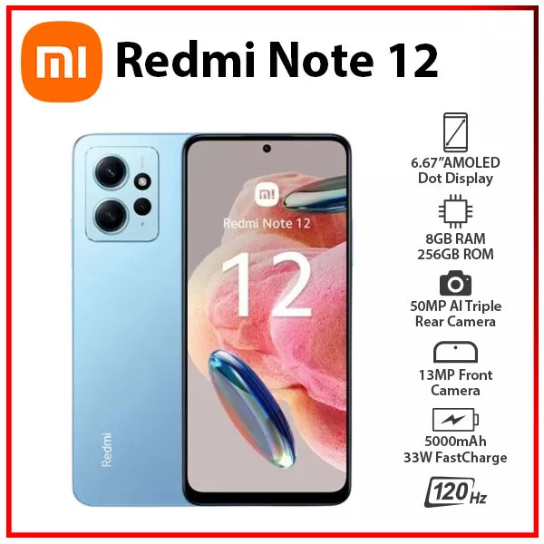 (New&Unlocked) Xiaomi Redmi Note 12 8GB+256GB BLUE Dual SIM Android Cell Phone