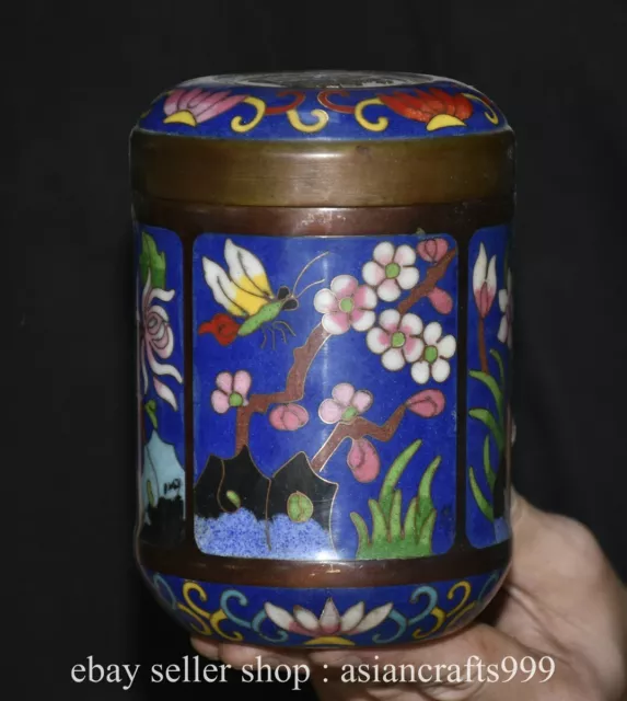 5.2" alte chinesische Kupfer blaue Cloisonne Dynastie Blume Vogel Tee Jar 2