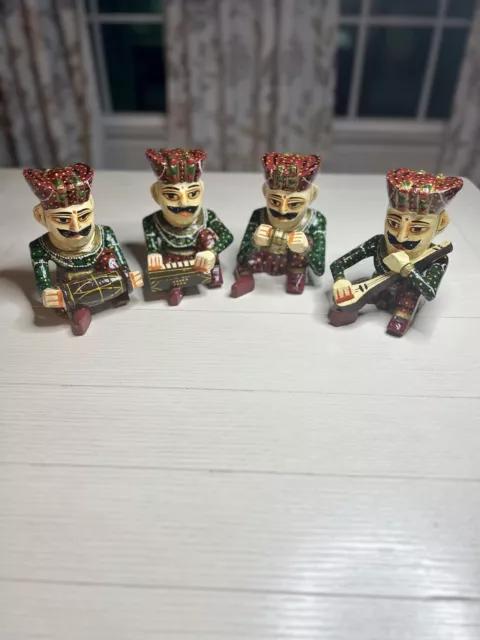 Indian Rajasthani Hand Carved & Painted Wooden Musician Band Figurines Set Of 4