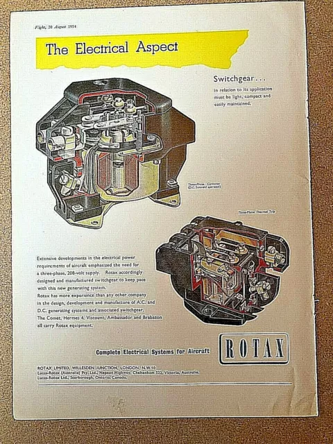 1954 Aircraft Advert ROTAX ELECTRICAL SYSTEMS SWITCHGEAR THREE PHASE CONTACTOR