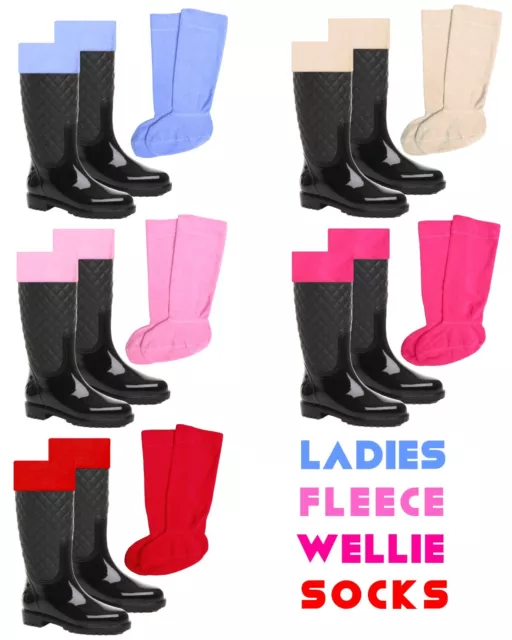 Ladies Womens Fleece Wellie Socks Girls Wellington Boot Thermal Liners 3-5