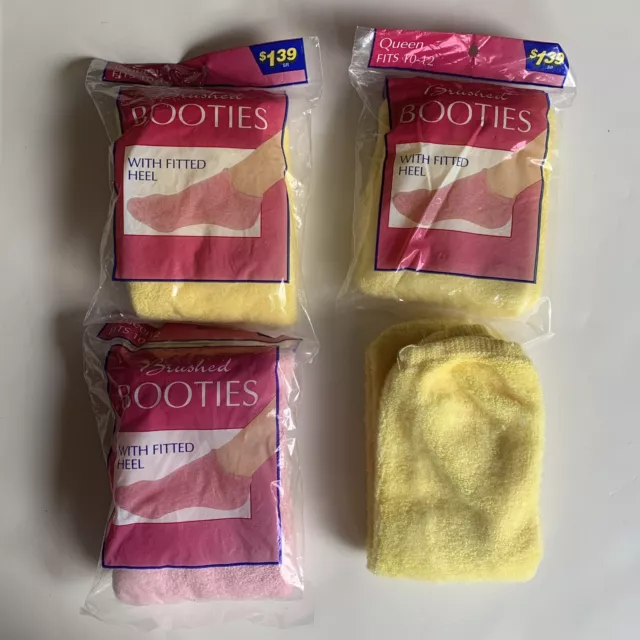 VTG 4 x FLUFFY Booties Brushed Acrylic Nylon Socks Size Queen 10-12 Pink Yellow