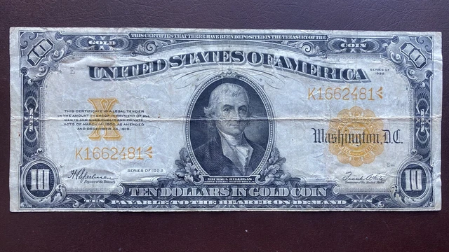 1922 Ten Dollar Gold Certificate Large Size Note $10 Bill Better Grade #56363