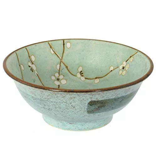 Japanese Ramen Noodle Udon Rice Bowl 8.25" Ceramic Grey White Ume Cherry Blossom