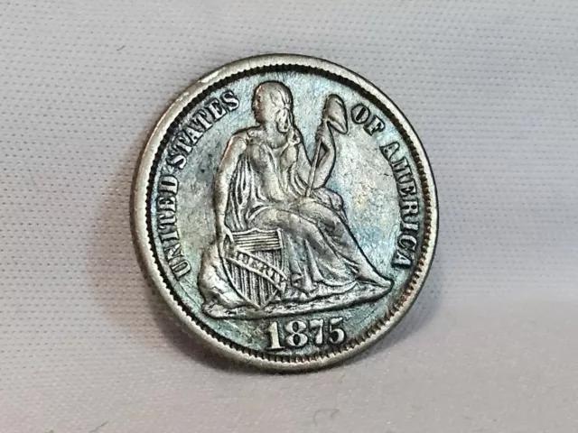 1875 10C Seated Liberty 90% Silver Dime ~ Beautiful Rainbow Toning, Higher Grade