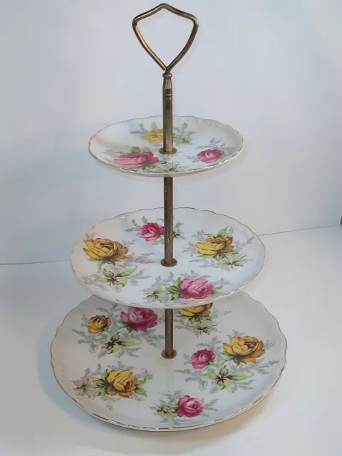 Vintage Norcrest Fine China 3 Tier Tid Bit Floral Serving Tray Dessert Stand