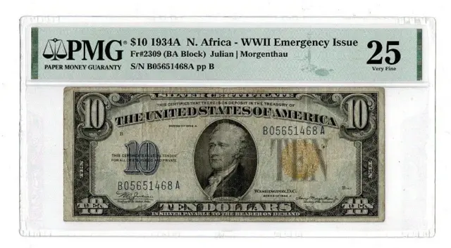 1934A $10 N Africa Silver Certificate BA Block FR2309 PMG VF 25