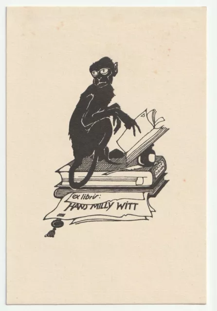 EMIL PREETORIUS: Exlibris für Hans Milly Witt, Affe, mit Buch, Tintenfass
