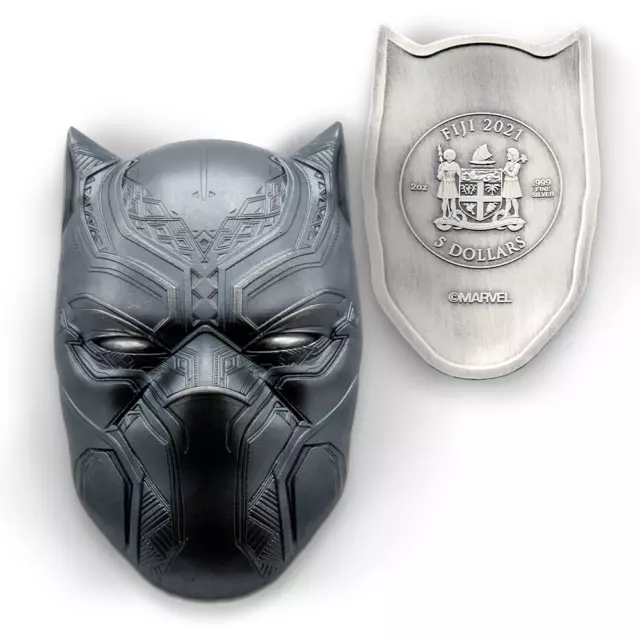Marvel Black Panther Mask 2oz Silver Antiqued Domed Coin $5 Fiji 2021 2