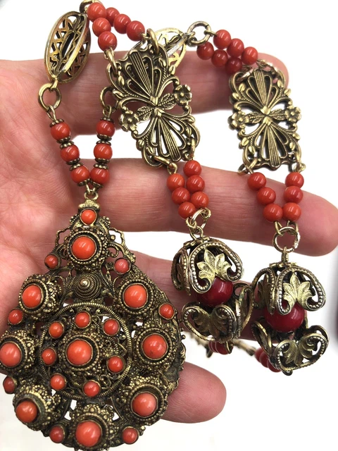 ANTIQUE VICTORIAN OLD CORAL NECKLACE ART NOUVEAU Gold-Wash Brass Austria-Germany