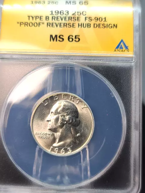 1963 25c Washington Quarter MS65 Type B reverse FS-901 Proof reverse hub design