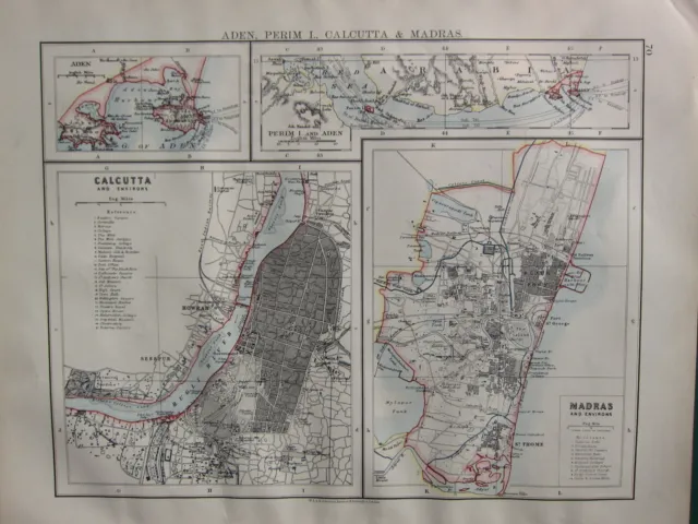 1900 Victorian Map ~ Aden Perim Calcutta Island City Plan Madras Surroundings
