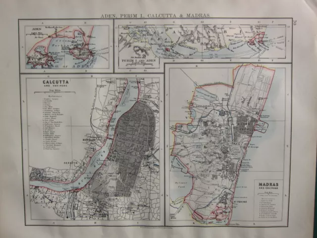 1900 Victorian Map ~ Aden Perim Calcutta Island City Plan Madras Surroundings