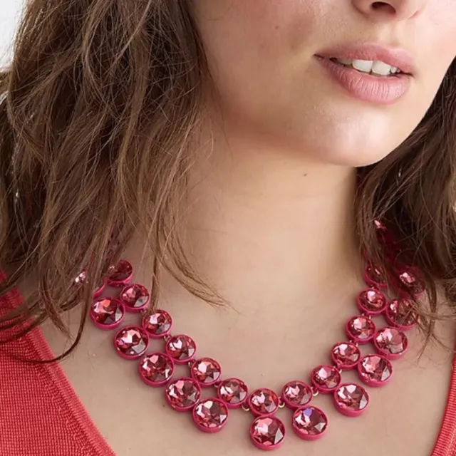 J Crew NWT $98 Sparkly Double-Drop Crystal Brûlée Necklace in Fuchsia Pink Red