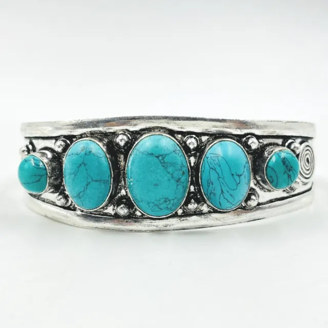 925 Sterling Silver Oval 5 Turquoise Gemstone Handmade Jewelry Cuff Bracelet