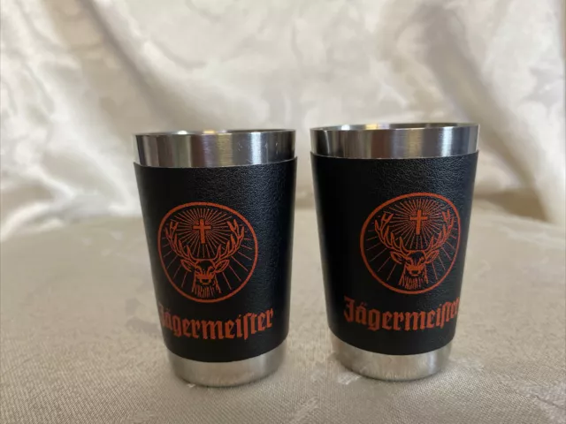 2x Jagermeister Shot Glasses Black Orange Leather Wrapped Stainless Steel