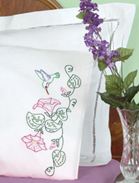 Fundas de almohada estampadas Jack Dempsey con borde de perla blanca 2/paquete-colibrí -1600 293