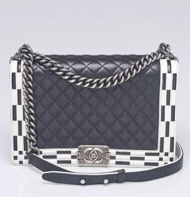 CHANEL BLACK/WHITE QUILTED Calfskin Leather New Medium Boy Bag $4,400.00 -  PicClick