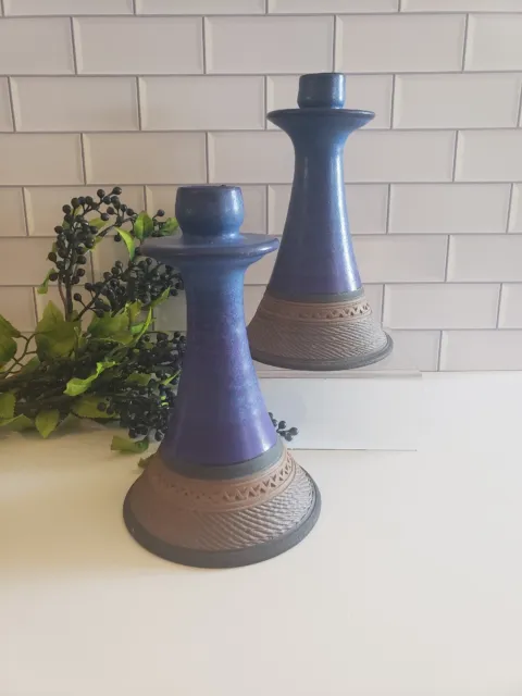 Signed Wheel Thrown Cobalt Blue & Purple Pottery Candlestick Holders - Set of 2