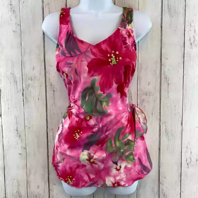 VTG Rose Marie Reid Pink Tropical Floral Bow One Piece Swim Dress Plus Size 16W