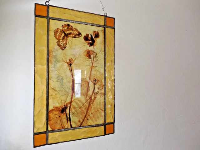 Vintage Original Pressed Flowers Leaded Stained Glass Suncatcher 11"x7" Hanging