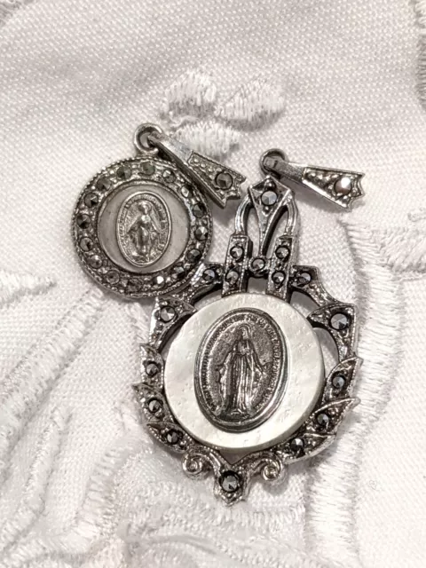 Pair Lot of Vintage Sterling MOP Marcasite Virgin Mary Catholic Religious Medals