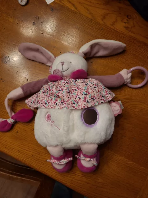 Doudou et Compagnie peluche lapin pantin d'activité Cerise blanc rose mauve NEUF