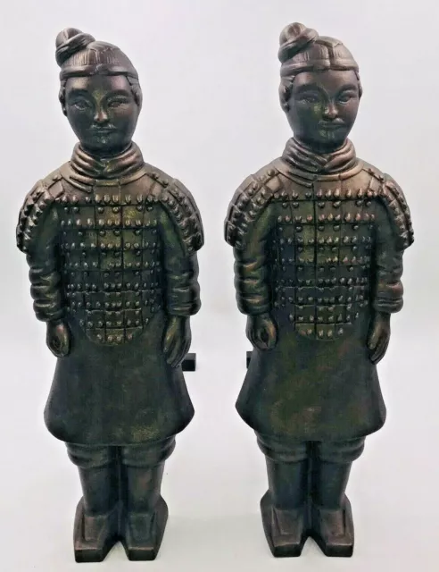 Pair VTG Cast Iron Terracotta Soldier Bronze Finish Fireplace Andiron Chenet 18"