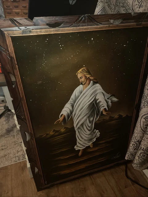 VINTAGE JESUS CHRIST Walking On Water Black Velvet Painting 28”x40” MCM ...