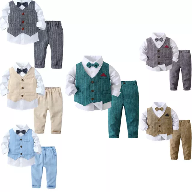 Baby Boys Formal Suit Gentleman Outfit Bow Tie Shirt + Tuxedo Vest Trousers Set